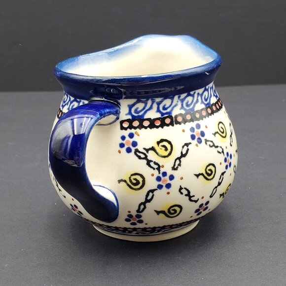 Polish Pottery Bubble Creamer Boleslawiec Blue Yellow Swirl Small Pitcher - Picture 5 of 8